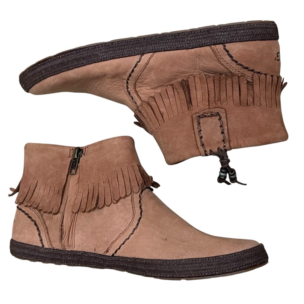 UGG Tiana Fringe Ankle Booties Brown Leather Side Zip Sz 7.5 - Picture 3 of 11